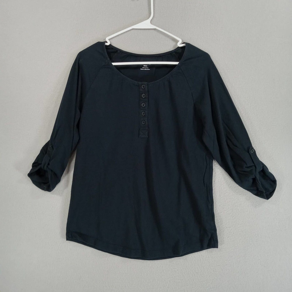 Orvis Shirt Womens S Black Long Sleeve Henley Cotton Roll Tab Sleeve